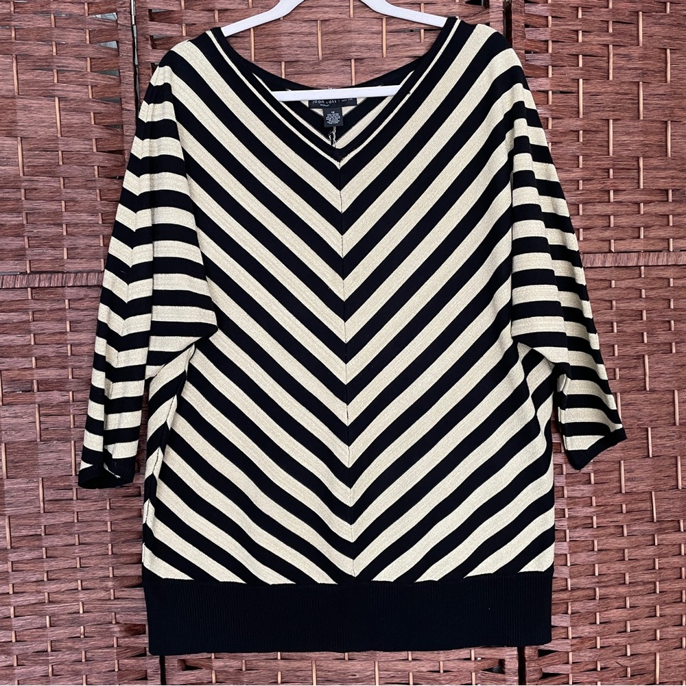 Joan Vass Black and Gold V-Neck Sweater Top, Office Siren,Y2K,Old Money, Size 1X
